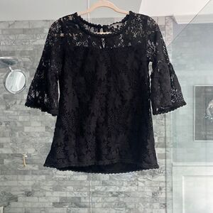 Blue Tassel black lace top with 3/4 bell sleeves